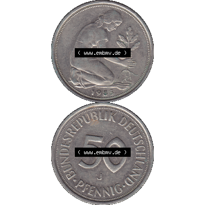 BRD Münzen 50 Pf. Umlaufmünze in PNG 1950-2001, 50 Pfennig BRD Deutschland 1983 Münzstätte Hamburg Mzz. J-01. PNG-Grafik einer digitalisierten 50 Pfennig... Sammlung