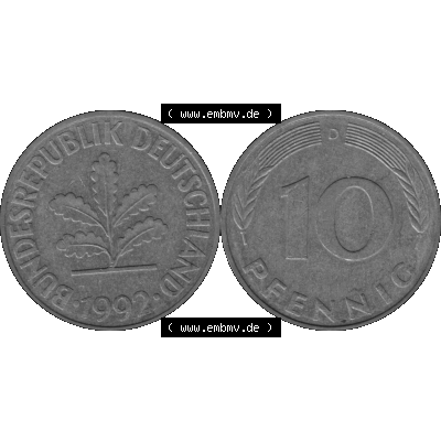 BRD Münzen 10 Pf. Umlaufmünze in PNG 1950-2001, 10 Pfennig 1992 D-01 Graustufen. Graustufen-Bilder der Vorderseite und Rückseite mit Wert-Zahl auf einen Bild / Foto... Sammlung