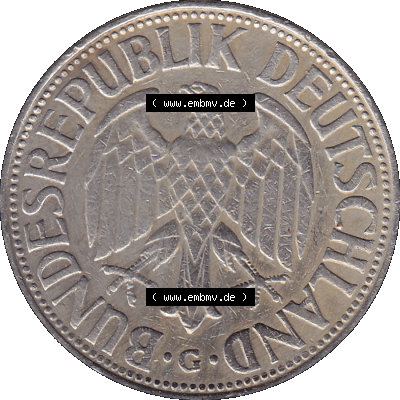 BRD Münzen 1 DM, Umlaufmünze 1950-2001, 1 / Eine DM - Eine Deutsche Mark, 1961 G-1. Vorderseite als transparente PNG-Grafik einer 1 DM, 1 Deutsche Mark G,... Sammlung