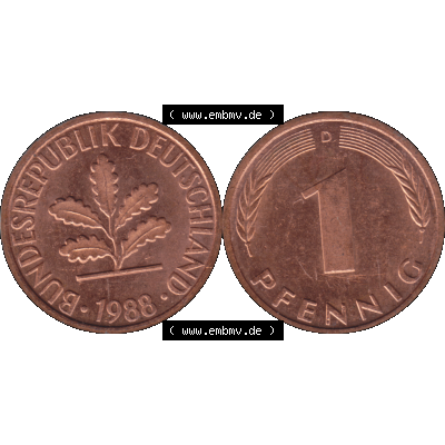 BRD Münzen in PNG 1950-2001, 1 Pfennig der BRD Deutschland 1988, 1980er Jahre Münzzeichen München D-01. Die PNG-Grafik zeigt eine 1 Pfennig Münze der Bundesrepublik... Sammlung