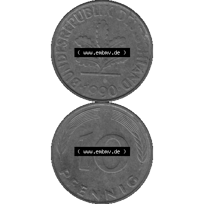 BRD Münzen 10 Pf. Umlaufmünze in PNG 1950-2001, 10 Pfennig 1990 F-01 Graustufen. Graues-Bild aus farbigen Bild erstellt mit Vorderseite und Rückseite auf einen Bild /... Sammlung