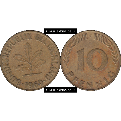 BRD Münzen 10 Pf. Umlaufmünze in PNG 1950-2001, 10 Pfennig 1969 F-01. Vorderseite und Rückseite mit Wert-Zahl auf einen Bild / Foto der digitalisierten 10 Pfennig... Sammlung