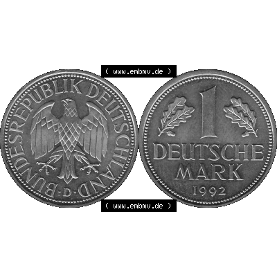BRD Deutschland Münzen 1 / Eine DM / Eine Deutsche Mark in Graustufen PNG 1950-2001, 1 DM Deutsche Mark, 1992 Münzzeichen für München Mzz. D-02 Graustufen.... Sammlung