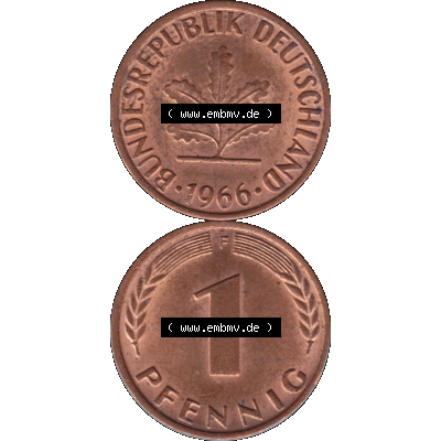 BRD Münzen 1 Pfennig Umlaufmünze in PNG 1950-2001, 1 Pfennig 1966, 1960er Jahre Stuttgart F-01. Hier befindet sich eine PNG-Grafik einer 1 / Ein Pfennig Münze Stuttgart... Sammlung