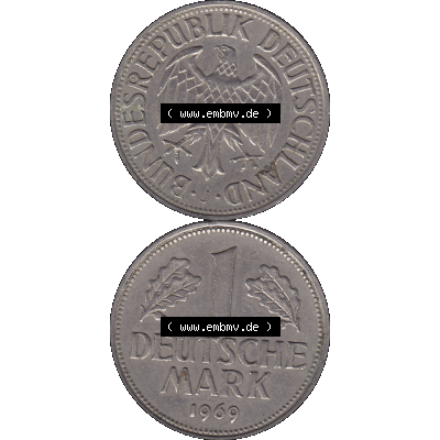 BRD Münzen 1 DM, Umlaufmünze 1950-2001, BRD Deutschland 1 / Eine DM - 1 Eine Deutsche Mark, 1969 Münzzeichen Hamburg Mzz J-1. Münzen-Rückseite und... Sammlung