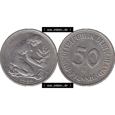 BRD Münzen 50 Pf. Umlaufmünze in PNG 1950-2001, 50 Pfennig BRD Deutschland 1986 D-01. Vorderseite und Rückseite mit Wert-Zahl auf einen Bild / Foto der digitalisierten... Sammlung