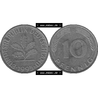 BRD Münzen 10 Pf. Umlaufmünze in PNG 1950-2001, 10 Pfennig 1995 D-01 Graustufen. Graustufen-Bilder der Vorderseite und Rückseite mit Wert-Zahl auf einen Bild / Foto... Sammlung