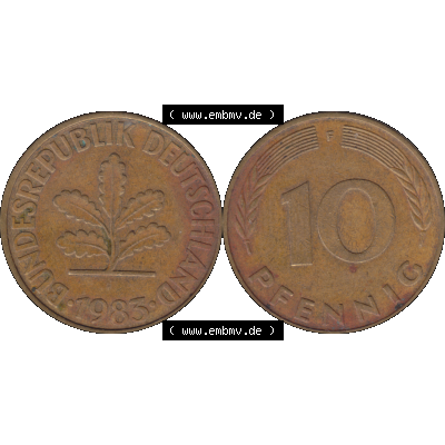 BRD Münzen 10 Pf. Umlaufmünze in PNG 1950-2001, 10 Pfennig 1985 F-01. Vorderseite und Rückseite mit Wert-Zahl auf einen Bild / Foto der digitalisierten 10 Pfennig... Sammlung