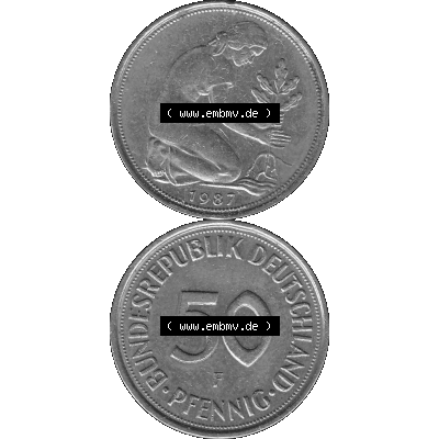 BRD Münzen Deutschland F 50 Pf. Umlaufmünze in Graustufen PNG 1950-2001, 50 Pfennig 1987 Münzzeichen "F" für Stuttgart - "F"-01 Graustufen. PNG... Sammlung