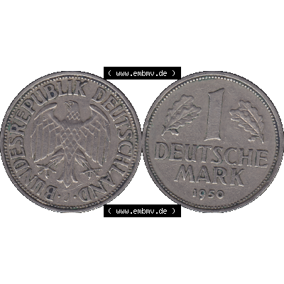 BRD Münzen 1 DM, Umlaufmünze 1950-2001, BRD Deutschland 1 / Eine DM - 1 Eine Deutsche Mark, 1950 Münzzeichen Hamburg Mzz J-1. Münzen-Rückseite und... Sammlung