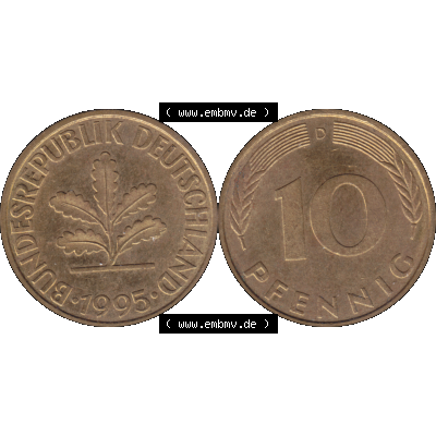 BRD Münzen 10 Pf. Umlaufmünze in PNG 1950-2001, 10 Pfennig 1995 D-03. Vorderseite und Rückseite mit Wert-Zahl auf einen Bild / Foto der digitalisierten 10 Pfennig... Sammlung