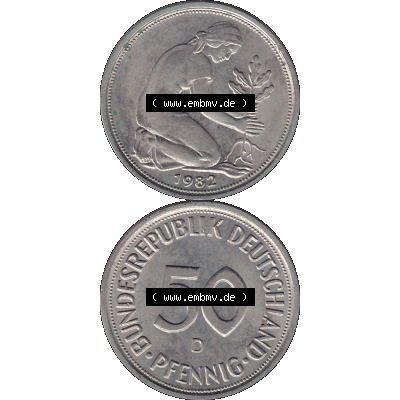 BRD Münzen 50 Pf. Umlaufmünze in PNG 1950-2001, 50 Pfennig BRD Deutschland 1982 Münzstätte München Mzz. "D"-01. Vorderseite und Rückseite... Sammlung