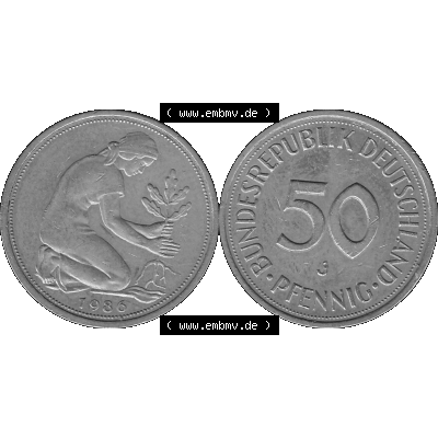 BRD Münzen Deutschland J 50 Pf. Umlaufmünze in Graustufen PNG 1950-2001, 50 Pfennig 1986 Münzzeichen "J" für Hamburg "J"-01 Graustufen. PNG Computer-Grafik... Sammlung
