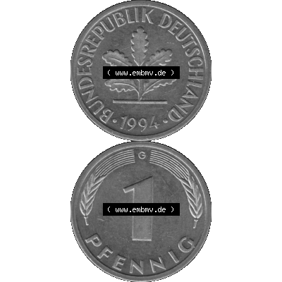BRD Münzen 1 Pfennig BRD-Deutschland Umlaufmünze in Graustufen PNG 1950-2001, 1 Pfennig 1994, 1990er Jahre Münzstätte Karlsruhe G-01. Graustufen-Bild erstellt aus... Sammlung