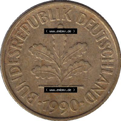 BRD Münzen 5 Pf., Umlaufmünze 1950-2001, 5 Pfennig Deutschland der BRD, 1990 Münzstätte München Mzz. D-01. Vorderseite der digitalisierte... Sammlung