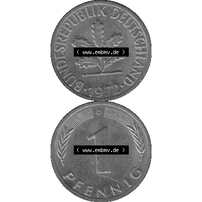 BRD Münzen 1 Pfennig Umlaufmünze in Graustufen PNG 1950-2001, 1 Pfennig 1972 München D-01. Graustufen-Bild erstellt aus Farbigen Bild mit Vorderseite und Rückseite auf... Sammlung