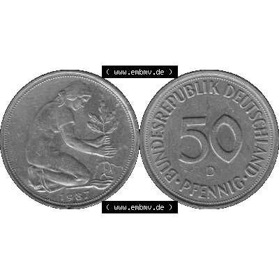 BRD Münzen Deutschland D 50 Pf. Umlaufmünze in Graustufen PNG 1950-2001, 50 Pfennig 1987 Münzzeichen "D" für München - "D"-01 Graustufen.... Sammlung