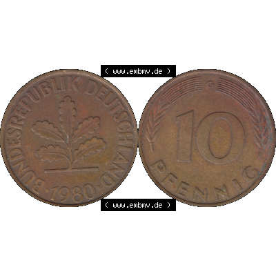 BRD Münzen 10 Pf. Umlaufmünze in PNG 1950-2001, 10 Pfennig 1980 G-01. Vorderseite und Rückseite mit Wert-Zahl auf einen Bild / Foto der digitalisierten 10 Pfennig... Sammlung