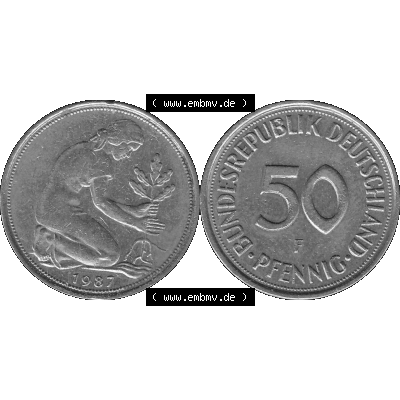 BRD Münzen Deutschland F 50 Pf. Umlaufmünze in Graustufen PNG 1950-2001, 50 Pfennig 1987 Münzzeichen "F" für Stuttgart - "F"-01 Graustufen. PNG... Sammlung