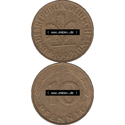 BRD Münzen 10 Pf. Umlaufmünze in PNG 1950-2001, 10 Pfennig 1992 D-01. Vorderseite und Rückseite auf einen Bild / Foto vertikal untereinander zusammengefügt,... Sammlung