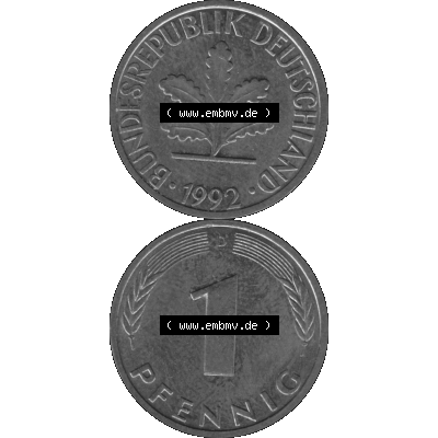 BRD Münzen 1 Pfennig Umlaufmünze in Graustufen PNG 1950-2001, 1 Pfennig 1992 München D-01. Graustufen-Bild erstellt aus Farbigen Bild mit Vorderseite und Rückseite auf... Sammlung