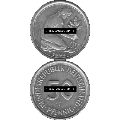 BRD Münzen Deutschland F 50 Pf. Umlaufmünze in Graustufen PNG 1950-2001, 50 Pfennig 1994 Münzzeichen "F" für Stuttgart - "F"-01 Graustufen. PNG... Sammlung