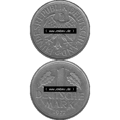 BRD Deutschland Münzen 1 / Eine DM / Eine Deutsche Mark in Graustufen PNG 1950-2001, 1 DM Deutsche Mark, 1977 Münzzeichen Karlsruhe Mzz. - G-01 Graustufen. PNG... Sammlung