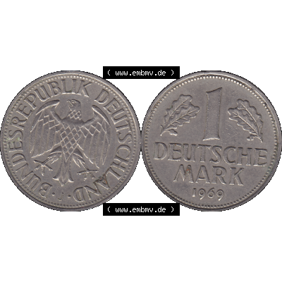 BRD Münzen 1 DM, Umlaufmünze 1950-2001, BRD Deutschland 1 / Eine DM - 1 Eine Deutsche Mark, 1969 Münzzeichen Hamburg Mzz J-1. Münzen-Rückseite und... Sammlung