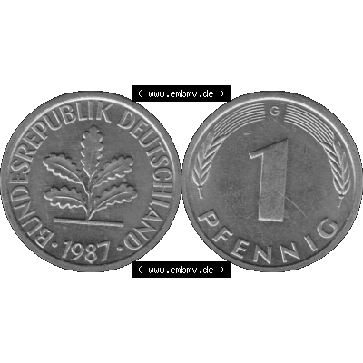 BRD Münzen 1 Pfennig BRD-Deutschland Umlaufmünze in Graustufen PNG 1950-2001, 1 Pfennig 1987, 1980er Jahre Münzstätte Karlsruhe G-01. Graustufen-Bilder der Vorderseite... Sammlung