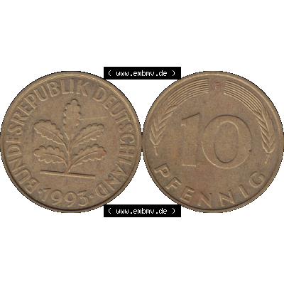 BRD Münzen 10 Pf. Umlaufmünze in PNG 1950-2001, 10 Pfennig 1993 F-01. Vorderseite und Rückseite mit Wert-Zahl auf einen Bild / Foto der digitalisierten 10 Pfennig... Sammlung