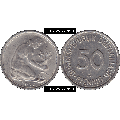 BRD Münzen 50 Pf. Umlaufmünze in PNG 1990-2001, 50 Pfennig BRD Deutschland 1992 Mzz. Berlin A-1. Transparente Vorderseite und Rückseite als PNG-Grafik mit Wert-Zahl... Sammlung