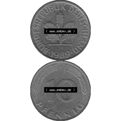 BRD Münzen 10 Pf. Umlaufmünze in PNG 1950-2001, 10 Pfennig 1989 F-02 Graustufen. Graues-Bild aus farbigen Bild erstellt mit Vorderseite und Rückseite auf einen Bild /... Sammlung