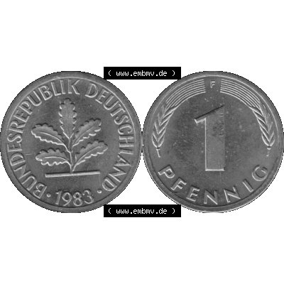BRD Münzen 1 Pfennig Umlaufmünze in Graustufen PNG 1950-2001, 1 Pfennig 1983, 1980er Jahre Mzz. F-01. Graustufen-Bild aus Farbigen Bilder mit Vorderseite und Rückseite... Sammlung