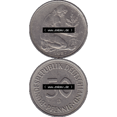 BRD Münzen 50 Pf. Umlaufmünze in PNG 1950-2001, 50 Pfennig BRD Deutschland 1987 D-01. Vorderseite und Rückseite auf einen Bild / Foto vertikal untereinander zusammengefügt,... Sammlung
