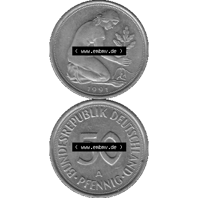 BRD Münzen Deutschland A 50 Pf. Umlaufmünze in Graustufen PNG 1990-2001, 50 Pfennig 1991 Münzzeichen "A" für Berlin - "A"-01 Graustufen. PNG... Sammlung