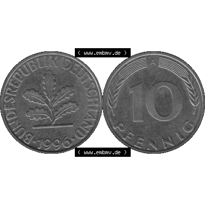 BRD Münzen 10 Pf. Umlaufmünze in PNG 1990-2001, 10 Pfennig 1996 A-01 Graustufen. Graustufen-Bilder der Vorderseite und Rückseite mit Wert-Zahl auf einen Bild / Foto... Sammlung