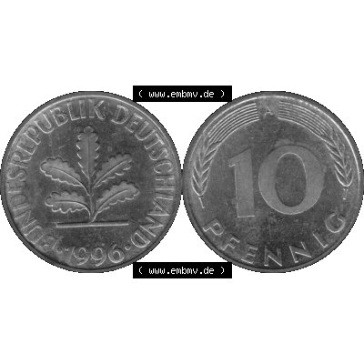 BRD Münzen 10 Pf. Umlaufmünze in PNG 1990-2001, 10 Pfennig 1996 A-02 Graustufen. Graustufen-Bilder der Vorderseite und Rückseite mit Wert-Zahl auf einen Bild / Foto... Sammlung