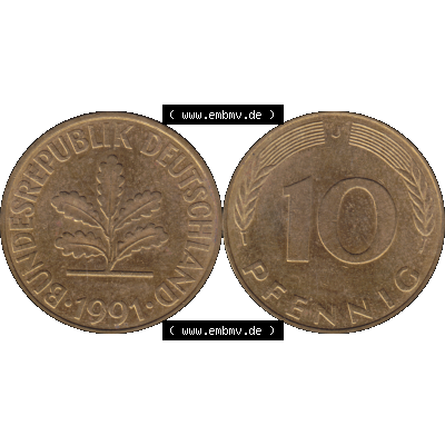 BRD Münzen 10 Pf. Umlaufmünze in PNG 1950-2001, 10 Pfennig der Bundesrepublik Deutschland 1991 Münzstätte Hamburg Mzz. J-01. Vorderseite und Rückseite... Sammlung