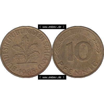 BRD Münzen 10 Pf. Umlaufmünze in PNG 1950-2001, 10 Pfennig 1985 D-01. Vorderseite und Rückseite mit Wert-Zahl auf einen Bild / Foto der digitalisierten 10 Pfennig... Sammlung