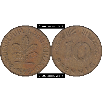 BRD Münzen 10 Pf. Umlaufmünze in PNG 1950-2001, 10 Pfennig 1978 F-01. Vorderseite und Rückseite mit Wert-Zahl auf einen Bild / Foto der digitalisierten 10 Pfennig... Sammlung