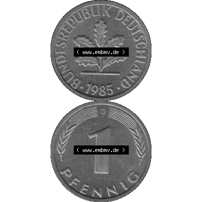 BRD Münzen 1 Pfennig Umlaufmünze in Graustufen PNG 1950-2001, 1 Pfennig 1985 München D-01. Graustufen-Bild erstellt aus Farbigen Bild mit Vorderseite und Rückseite auf... Sammlung