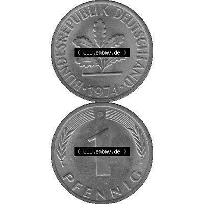 BRD Münzen 1 Pfennig Umlaufmünze in Graustufen PNG 1950-2001, 1 Pfennig 1974 München D-01. Graustufen-Bild erstellt aus Farbigen Bild mit Vorderseite und Rückseite auf... Sammlung