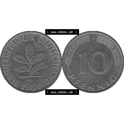 BRD Münzen 10 Pf. Umlaufmünze in PNG 1950-2001, 10 Pfennig 1989 G-10 Graustufen. Graustufen-Bild vom Scanner aus farbigen Bild mit Vorderseite und Rückseite mit Wert-Zahl... Sammlung