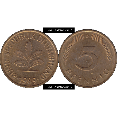 BRD Münzen 5 Pf., Umlaufmünze 1950-2001, 5 Pfennig Deutschland der BRD, 1989 Münzstätte München Mzz. D-02. Vorderseite und Rückseite... Sammlung