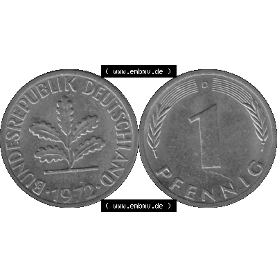 BRD Münzen 1 Pfennig Umlaufmünze in Graustufen PNG 1950-2001, 1 Pfennig 1972 München D-01. Graustufen-Bilder der Vorderseite und Rückseite mit Wert-Zahl auf einen Bild... Sammlung