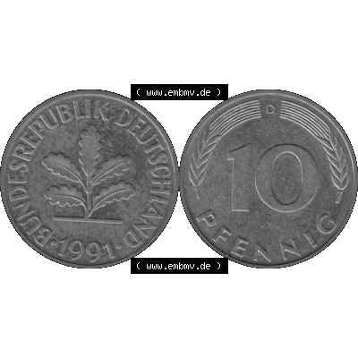 BRD Münzen 10 Pf. Umlaufmünze in PNG 1950-2001, 10 Pfennig 1991 D-01 Graustufen. Graustufen-Bilder der Vorderseite und Rückseite mit Wert-Zahl auf einen Bild / Foto... Sammlung