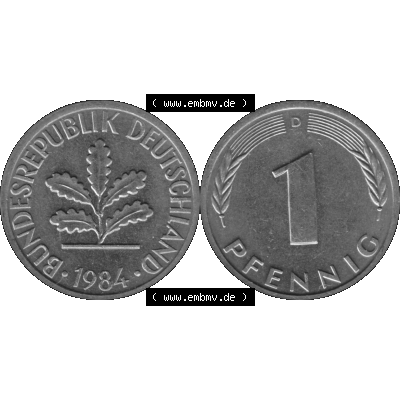 BRD Münzen 1 Pfennig Umlaufmünze in Graustufen PNG 1950-2001, 1 Pfennig 1984 München D-01. Graustufen-Bilder der Vorderseite und Rückseite mit Wert-Zahl auf einen Bild... Sammlung