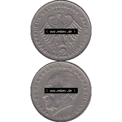 BRD Münzen 2 DM, Gedenkmünze in PNG 1969-1987, 2 DM, Deutsche Mark Konrad Adenauer 1971 Münzzeichen Mzz Stuttgart F-1. Vorderseite und Rückseite mit Deutschen... Sammlung
