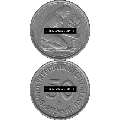 BRD Münzen Deutschland F 50 Pf. Umlaufmünze in Graustufen PNG 1950-2001, 50 Pfennig 1984 Münzzeichen "F" für Stuttgart - "F"-01 Graustufen. PNG... Sammlung