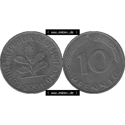 BRD Münzen 10 Pf. Umlaufmünze in PNG 1950-2001, 10 Pfennig 1991 D-02 Graustufen. Graustufen-Bilder der Vorderseite und Rückseite mit Wert-Zahl auf einen Bild / Foto... Sammlung